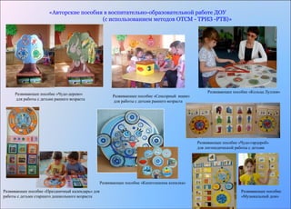 «Авторские пособия в воспитательно-образовательной работе ДОУ 
(с использованием методов ОТСМ - ТРИЗ -РТВ)» 
Развивающее пособие «Чудо-дерево» 
для работы с детьми раннего возраста 
Развивающее пособие «Сенсорный ящик» 
для работы с детьми раннего возраста 
Развивающее пособие «Кольца Луллия» 
Развивающее пособие «Праздничный календарь» для 
работы с детьми старшего дошкольного возраста 
Развивающее пособие «Капитошкина копилка» 
Развивающее пособие «Чудо-гардероб» 
для логопедической работы с детьми 
Развивающее пособие 
«Музыкальный дом» 
 