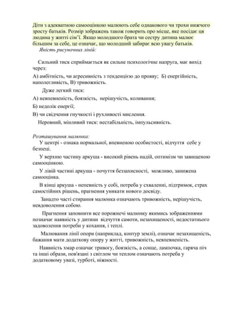 Діти з адекватною самооцінкою малюють себе однакового чи трохи нижчого 
зросту батьків. Розмір зображень також говорить про місце, яке посідає ця 
людина у житті сім’ї. Якщо молодшого брата чи сестру дитина малює 
більшим за себе, це означає, що молодший забирає всю увагу батьків. 
Якість рисуночних ліній: 
Сильний тиск сприймається як сильне психологічне напруга, має вихід 
через: 
А) амбітність, чи агресивність з тенденцією до прояву; Б) енергійність, 
наполегливість, В) тривожність. 
Дуже легкий тиск: 
А) невпевненість, боязкість, нерішучість, коливання; 
Б) недолік енергії; 
В) чи свідчення гнучкості і рухливості мислення. 
Неровний, мінливий тиск: нестабільність, імпульсивність. 
Розташування малюнка: 
У центрі - ознака нормальної, впевненою особистості, відчуття себе у 
безпеці. 
У верхню частину аркуша - високий рівень надій, оптимізм чи завищеною 
самооцінкою. 
У лівій частині аркуша - почуття беззахисності, можливо, занижена 
самооцінка. 
В кінці аркуша - непевність у собі, потреба у схваленні, підтримок, страх 
самостійних рішень, прагнення уникати нового досвіду. 
Занадто часті стирання малюнка означають тривожність, нерішучість, 
невдоволення собою. 
Прагнення заповнити все порожнечі малюнку якимись зображеннями 
позначає наявність у дитини відчуття самоти, незахищеності, недостатнього 
задоволення потреби у кохання, і теплі. 
Малювання лінії опори (наприклад, контур землі), означає незахищеність, 
бажання мати додаткову опору у житті, тривожність, невпевненість. 
Наявність хмар означає тривогу, боязкість, а сонце, лампочка, гаряча піч 
та інші образи, пов'язані з світлом чи теплом означають потреба у 
додатковому увазі, турботі, ніжності. 
