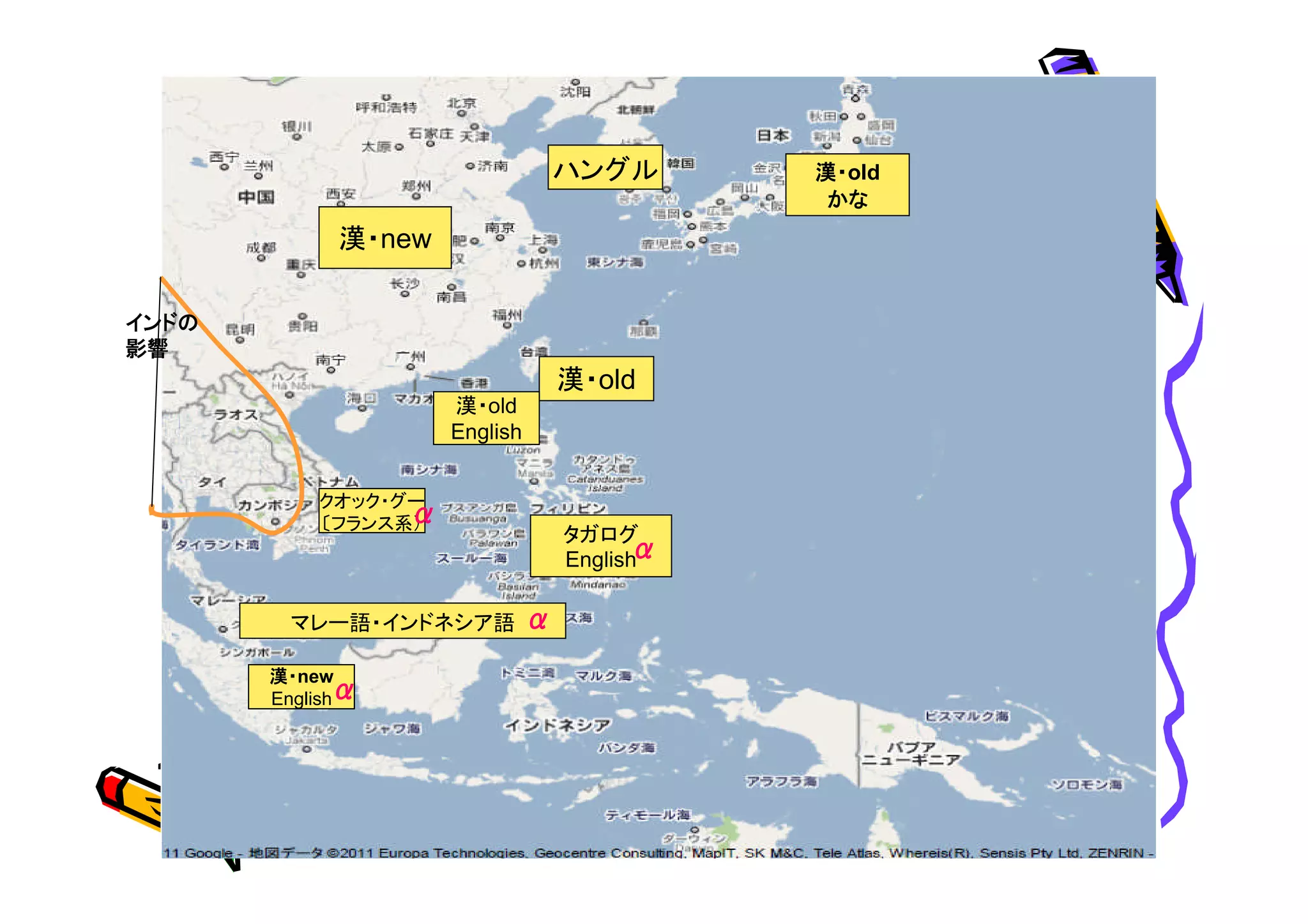 漢・new 
ハングル漢・old 
かな 
漢・old 
漢・old 
English 
漢・new 
English 
タガログ 
English 
クオック・グー 
〔フランス系） 
マレー語・インドネシア語 
インドの 
影響 
α 
α 
α 
α 
