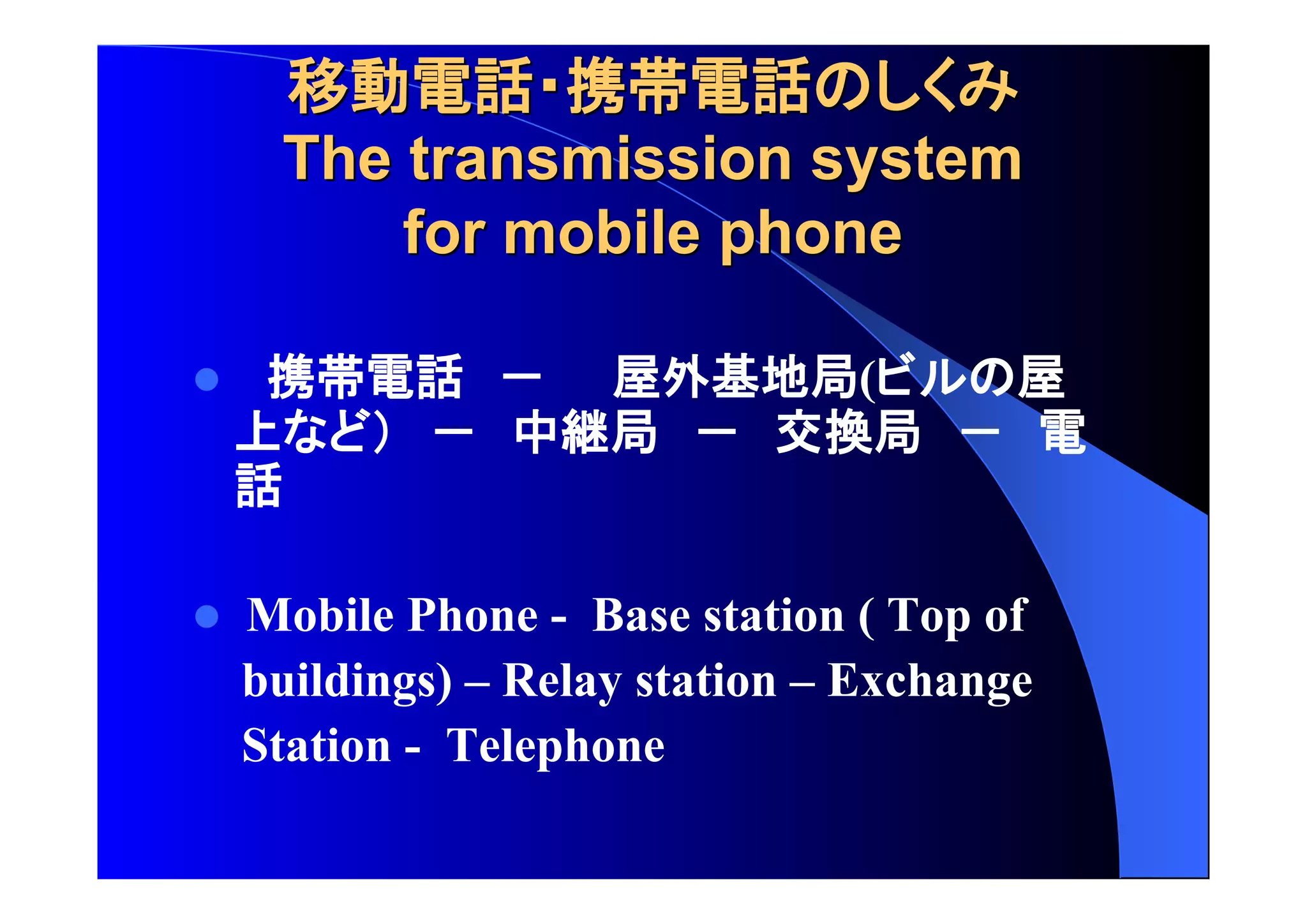 移動電話 携帯電話 
TThhee ttrraannssmmiissssiioonn ssyysstteemm 
ffoorr mmoobbiillee pphhoonnee 
 携帯電話 屋外基地局( 屋 
上 中継局 交換局 電 
話 
 Mobile Phone - Base station ( Top of 
buildings) – Relay station – Exchange 
Station - Telephone 
 