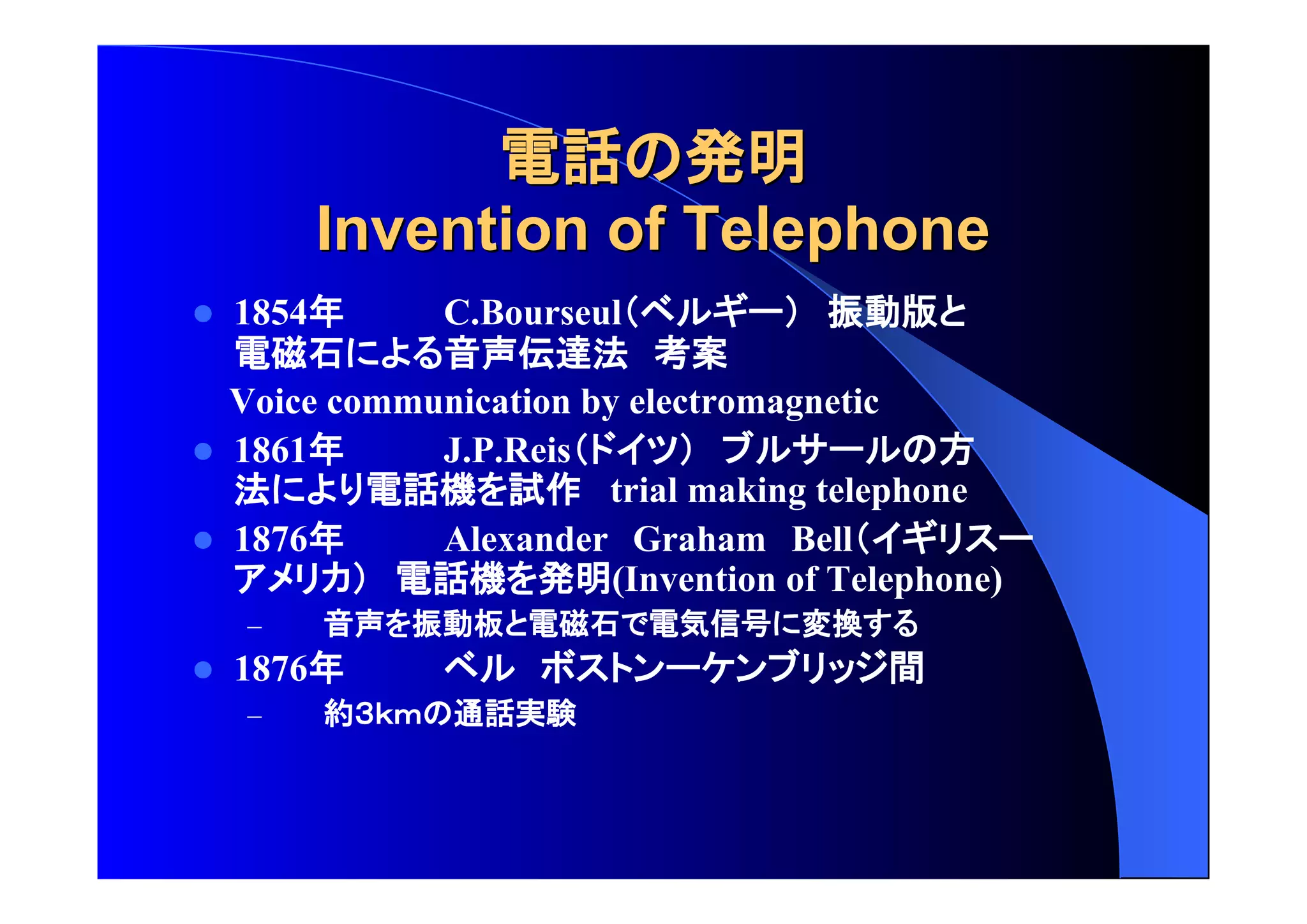 電話 発明
IInnvveennttiioonn ooff TTeelleepphhoonnee 
 1854年 C.Bourseul 振動版 
電磁石 音声伝達法 考案 
Voice communication by electromagnetic 
 1861年 J.P.Reis 方 
法 電話機 試作 trial making telephone 
 1876年 Alexander Graham Bell 
電話機 発明(Invention of Telephone) 
– 音声 振動板 電磁石 電気信号 変換 
 1876年 間 
– 約 通話実験 
 