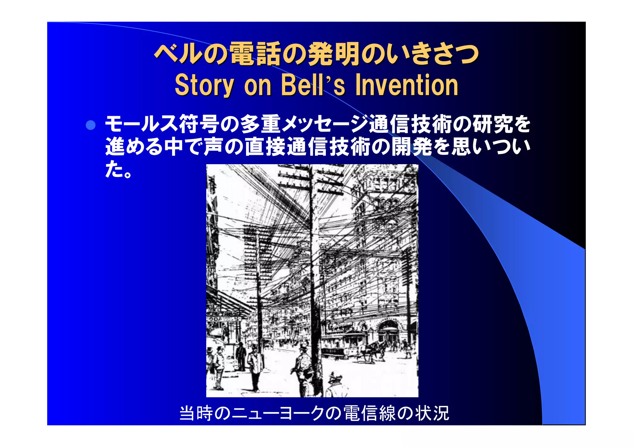 電話 発明 
’’ 
 符号 多重 通信技術 研究 
進 中 声 直接通信技術 開発 思 
当時 電信線 状況 
 