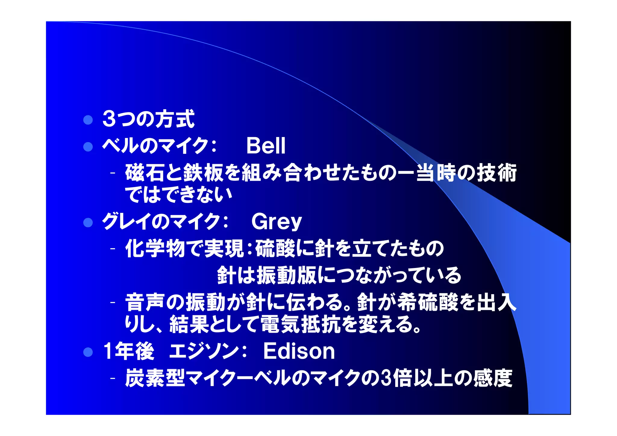  方式 
 
– 磁石 鉄板 組 合 当時 技術 
 
– 化学物 実現 硫酸 針 立 
針 振動版 
– 音声 振動 針 伝 針 希硫酸 出入 
結果 電気抵抗 変 
 年後 
– 炭素型 倍以上 感度 
 