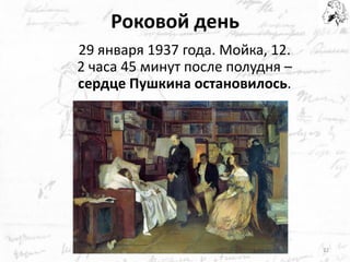 Роковой день 
29 января 1937 года. Мойка, 12. 
2 часа 45 минут после полудня – сердце Пушкина остановилось. 
22  