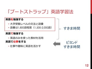 「ブートストラップ」英語学習法 
英語を勉強する 
• 大学受験レベルの文法と語彙 
• 語彙は1,800語程度（1,500-2,000語） 
英語で勉強する 
• 英語のみを使った教材を活用 
英語で仕事をする 
• 仕事や趣味に英語を活かす 
12 
すきま時間 
ビヨンド 
すきま時間 
 