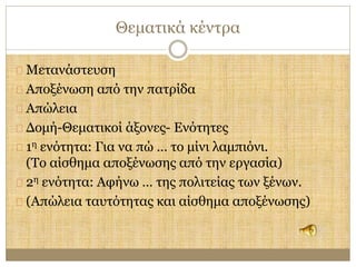 Θεματικά κέντρα 
Μετανάστευση 
Αποξένωση από την πατρίδα 
Απώλεια 
Δομή-Θεματικοί άξονες- Ενότητες 
1η ενότητα: Για να πώ … το μίνι λαμπιόνι. 
(Το αίσθημα αποξένωσης από την εργασία) 
2η ενότητα: Αφήνω … της πολιτείας των ξένων. 
(Απώλεια ταυτότητας και αίσθημα αποξένωσης) 
 