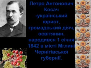 Петро Антонович 
Косач 
-український 
юрист, 
громадський діяч, 
освітянин, 
народився 1 січня 
1842 в місті Мглині 
Чернігівської 
губернії. 
 