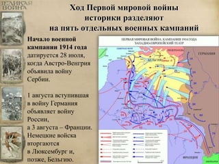 Ход Первой мировой войны 
историки разделяют 
на пять отдельных военных кампаний 
Начало военной 
кампании 1914 года 
датируется 28 июля, 
когда Австро-Венгрия 
объявила войну 
Сербии. 
1 августа вступившая 
в войну Германия 
объявляет войну 
России, 
а 3 августа – Франции. 
Немецкие войска 
вторгаются 
в Люксембург и, 
позже, Бельгию. 
 