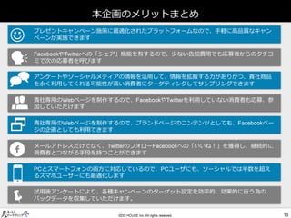 本企画のメリットまとめ 
プレゼントキャンペーン施策に最適化されたプラットフォームなので、手軽に高品質なキャン ペーンが実施できます 
アンケートやソーシャルメディアの情報を活用して、情報を拡散する力がありかつ、貴社商品 を永く利用してくれる可能性が高い消費者にターゲティングしてサンプリングできます やへの「シェア」機能を有するので、少ない告知費用でも応募者からのクチコ ミで次の応募者を呼びます 
貴社専用のページを制作するので、やを利用していない消費者も応募、参 加していただけます 
 
貴社専用のページを制作するので、ブランドページのコンテンツとしても、ペー ジの企画としても利用できます とスマートフォンの両方に対応しているので、ユーザにも、ソーシャルでは半数を超え るスマホユーザーにも最適化します 
メールアドレスだけでなく、のフォローへの「いいね！」を獲得し、継続的に 消費者とつながる手段を持つことができます 
試用後アンケートにより、各種キャンペーンのターゲット設定を効率的、効果的に行う為の バックデータを収集していただけます。 
 
 
  