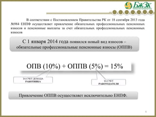 6 
С 1 января 2014 года появился новый вид взносов – обязательные профессиональные пенсионные взносы (ОППВ) 
ОПВ (10%) + ОППВ (5%) = 15% ЗА СЧЕТ РАБОТОДАТЕЛЯЗА СЧЕТ ДОХОДА РАБОТНИКА 
ВсоответствиисПостановлениемПравительстваРКот18сентября2013года №984ЕНПФосуществляетпривлечениеобязательныхпрофессиональныхпенсионныхвзносовипенсионныевыплатызасчетобязательныхпрофессиональныхпенсионныхвзносовПривлечение ОППВ осуществляет исключительно ЕНПФ.  