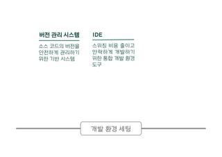 버전 관리 시스템
소스 코드의 버전을
안전하게 관리하기
위한 기반 시스템
IDE
스위칭 비용 줄이고
안락하게 개발하기
위한 통합 개발 환경
도구
개발 환경 세팅
 