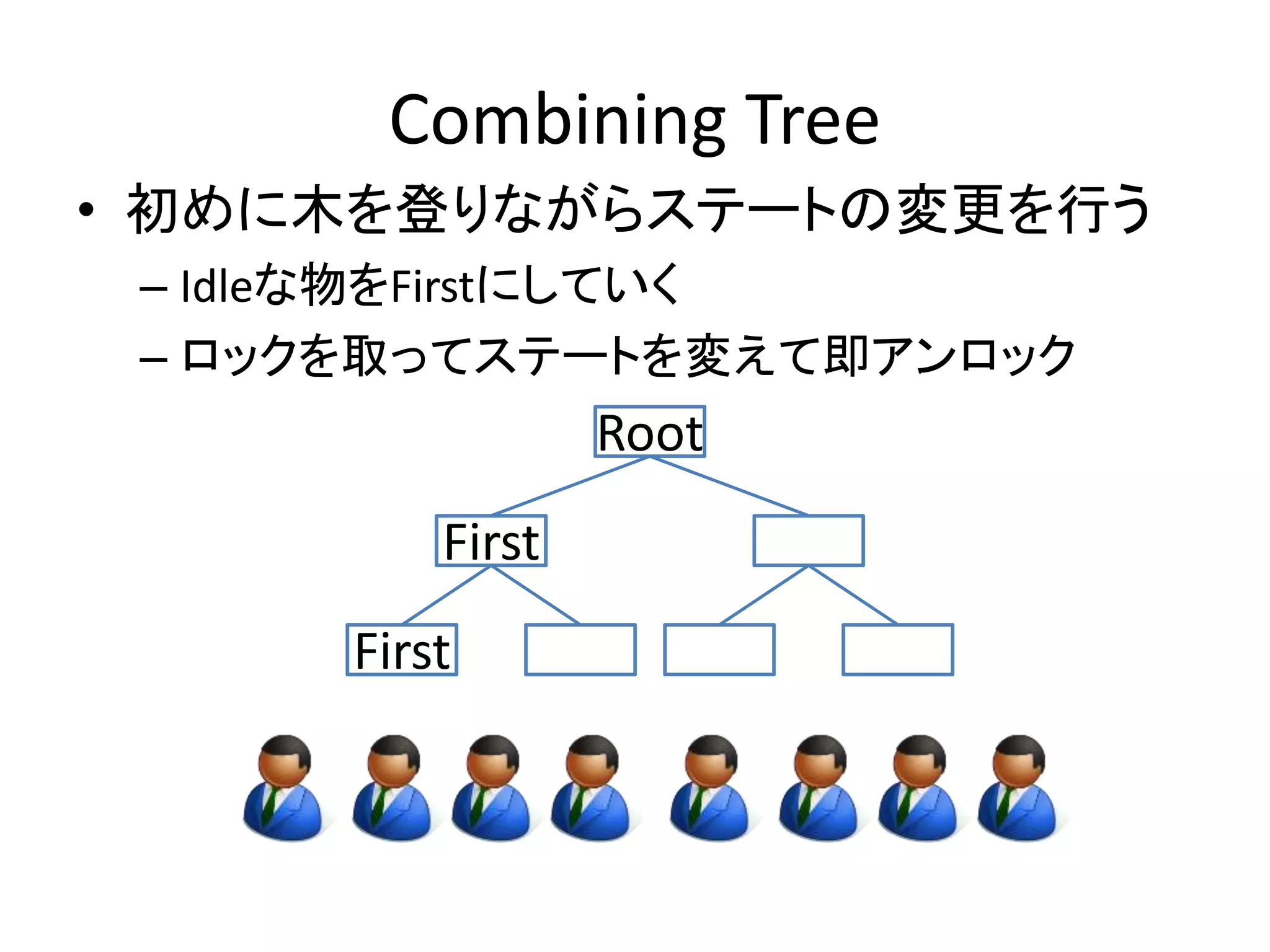 Combining Tree 
• 初めに木を登りながらステートの変更を行う 
– Idleな物をFirstにしていく 
– ロックを取ってステートを変えて即アンロック 
Root 
First 
First 
 