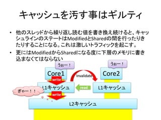 キャッシュを汚す事はギルティ 
• 他のスレッドから繰り返し読む値を書き換え続けると、キャッ 
シュラインのステートはModifiedとSharedの間を行ったりき 
たりすることになる。これは激しいトラフィックを起こす。 
• 更にはModifiedからSharedになる度に下層のメモリに書き 
込まなくてはならない 
うぉー！ うぉー！ 
Core1 Core2 
L1キャッシュL1キャッシュ 
L2キャッシュ 
write 
read 
ぎゃー！！ 
write 
Invalidate 
 