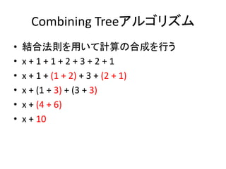 Combining Treeアルゴリズム 
• 結合法則を用いて計算の合成を行う 
• x + 1 + 1 + 2 + 3 + 2 + 1 
• x + 1 + (1 + 2) + 3 + (2 + 1) 
• x + (1 + 3) + (3 + 3) 
• x + (4 + 6) 
• x + 10 
 