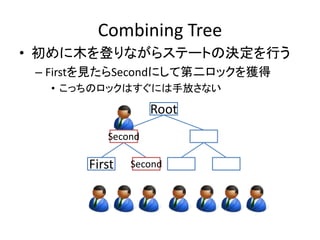 Combining Tree 
• 初めに木を登りながらステートの決定を行う 
– Firstを見たらSecondにして第二ロックを獲得 
• こっちのロックはすぐには手放さない 
Root 
First 
Second 
First First 
Second 
 