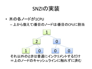 SNZIの実装 
• 木の各ノードが1CPU 
– 上から数えてi番目のノードはi番目のCPUに割当 
0 
1 
0 2 
1 
0 
01 0 0 0 
それ以外のときは普通にインクリメントするだけ 
＝上のノードのキャッシュラインに触れずに済む 
 