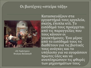 Οι βιοτέχνες-«στείρα τάξη» 
Κατασκευάζουν στα 
εργαστήριά τους εργαλεία, 
σκεύη, έπιπλα κτλ. Το 
εισόδημά τους προέρχεται 
από τις παραγγελίες που 
τους κάνουν οι 
γαιοκτήμονες. Ένα μέρος 
από το εισόδημά τους το 
διαθέτουν για τις βιοτικές 
τους ανάγκες και το 
υπόλοιπο για να αγοράσουν 
πρώτες ύλες και να 
αναπληρώσουν τις φθορές 
των μηχανημάτων τους. 
«Οι Υφάντρες» 
Ντιέγκο Βελάσκεθ 
 