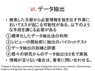 VI. 
䝕䞊䝍ᢳฟ 
• ᳨⣴䛧䛯ᩥ⊩䛛䜙ᚲせ᝟ሗ䜢ᢤ䛝ฟ䛩సᴗ䛻 
䛚䛔䛶䝭䝇䛜㉳䛣䜛ྍ⬟ᛶ䛜䛒䜛䚹௨ୗ䛾䜘䛖 
䛺ᡭẁ䜢ㅮ䛨䜛ᚲせ䛜䛒䜛 
①ᶆ‽໬䛧䛯䝕䞊䝍ᢳฟἲ䛾฼⏝ 
②䝺䝡䝳䞊䛾㛤ጞ๓䛻ᢳฟ䛾䝟䜲䝻䝑䝖䝔䝇䝖 
③䝕䞊䝍ᢳฟ䛾カ⦎䛸ホ౯ 
④ಶ䚻䛾◊✲䛛䜙䛾䝕䞊䝍ᢳฟ䛿䠎ྡ䛷ᐇ᪋ 
• ᝟ሗ䛜㊊䜚䛺䛔ሙྜ䛿䚸ⴭ⪅䛻ၥ䛔ྜ䜟䛫䜛䚹 
“Chapter4: 
Planning 
a 
systemaQc 
review 
of 
diagnosQc 
test 
accuracy 
evidence”, 
䛄Synthesizing 
Evidence 
of 
DiagnosQc 
Accuracy䛅, 
LippincoZ 
Williams 
 
Wilkins, 
2011 
 