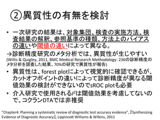 ②␗㉁ᛶ䛾᭷↓䜢᳨ウ 
• ୍ḟ◊✲䛾⤖ᯝ䛿䚸ᑐ㇟㞟ᅋ䚸᳨ᰝ䛾ᐇ᪋᪉ἲ䚸᳨ 
ᰝ⤖ᯝ䛾ゎ㔘䚸ཧ↷ᇶ‽䛾✀㢮䚸᪉ἲୖ䛾䝞䜲䜰䝇 
䛾㐪䛔䜔㜈್䛾㐪䛔䛻䜘䛳䛶␗䛺䜛䚹 
→デ᩿⢭ᗘ◊✲䛾䝯䝍ศᯒ䛷䛿䚸␗㉁ᛶ䛜⏕䛨䜔䛩䛔 
(Willis 
 
Quigley, 
2011, 
BMC 
Medical 
Research 
Methodology䠖236䛾デ᩿⢭ᗘ䛾 
䝯䝍ศᯒ䜢ㄪᰝ䛧䛯⤖ᯝ䚸70%䛾◊✲䛷␗㉁ᛶ䛜ሗ࿌) 
• ␗㉁ᛶ䛿䚸forest 
plot䛻䜘䛳䛶どぬⓗ䛻☜ㄆ䛷䛝䜛䛜䚸 
䜹䝑䝖䜸䝣䝫䜲䞁䝖䛾㐪䛔䛻䜘䛳䛶デ᩿⢭ᗘ䛜␗䛺䜛㜈 
್ຠᯝ䛾᳨ウ䛜䛷䛝䛺䛔䛾䛷sROC 
plot䜒ᚲせ 
• ௓ධ◊✲䛷౑⏝䛥䜜䜛I2䛿㜈್ຠᯝ䜢⪃៖䛧䛶䛺䛔䛾 
䛷䚸䝁䜽䝷䞁DTA䛷䛿㠀᥎ዡ 
“Chapter4: 
Planning 
a 
systemaQc 
review 
of 
diagnosQc 
test 
accuracy 
evidence”, 
䛄Synthesizing 
Evidence 
of 
DiagnosQc 
Accuracy䛅, 
LippincoZ 
Williams 
 
Wilkins, 
2011 
 
 