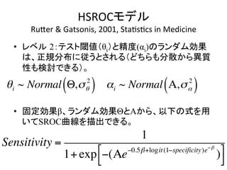 HSROC䝰䝕䝹 
RuZer 
 
Gatsonis, 
2001, 
StaQsQcs 
in 
Medicine 
• 䝺䝧䝹㻌2䠖䝔䝇䝖㜈್䠄θi䠅䛸⢭ᗘ(αi)䛾䝷䞁䝎䝮ຠᯝ 
䛿䚸ṇつศᕸ䛻ᚑ䛖䛸䛥䜜䜛䠄䛹䛱䜙䜒ศᩓ䛛䜙␗㉁ 
ᛶ䜒᳨ウ䛷䛝䜛䠅䚹 
θi 
2 ( ) αi 
~ Normal Θ,σθ 
2 ( ) 
~ Normal Α,σα 
• ᅛᐃຠᯝβ䚸䝷䞁䝎䝮ຠᯝΘ䛸A䛛䜙䚸௨ୗ䛾ᘧ䜢⏝ 
䛔䛶SROC᭤⥺䜢ᥥฟ䛷䛝䜛䚹㻌 
1 
Sensitivity = 
) #$ 
1+ exp −(Αe−0.5β +logit (1−specificity)e−β 
% 
 