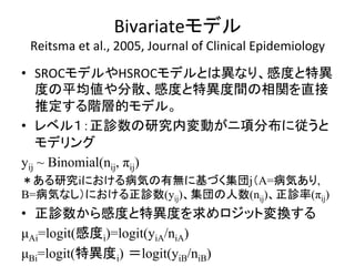 Bivariate䝰䝕䝹 
Reitsma 
et 
al., 
2005, 
Journal 
of 
Clinical 
Epidemiology 
 
• SROC䝰䝕䝹䜔HSROC䝰䝕䝹䛸䛿␗䛺䜚䚸ឤᗘ䛸≉␗ 
ᗘ䛾ᖹᆒ್䜔ศᩓ䚸ឤᗘ䛸≉␗ᗘ㛫䛾┦㛵䜢┤᥋ 
᥎ᐃ䛩䜛㝵ᒙⓗ䝰䝕䝹䚹 
• 䝺䝧䝹䠍䠖ṇデᩘ䛾◊✲ෆኚື䛜䝙㡯ศᕸ䛻ᚑ䛖䛸 
䝰䝕䝸䞁䜾 
yij ~ Binomial(nij, πij) 
䠆䛒䜛◊✲i䛻䛚䛡䜛⑓Ẽ䛾᭷↓䛻ᇶ䛵䛟㞟ᅋj䠄A=⑓Ẽ䛒䜚, 
B=⑓Ẽ䛺䛧䠅䛻䛚䛡䜛ṇデᩘ(yij)䚸㞟ᅋ䛾ேᩘ(nij)䚸ṇデ⋡(πij) 
• ṇデᩘ䛛䜙ឤᗘ䛸≉␗ᗘ䜢ồ䜑䝻䝆䝑䝖ኚ᥮䛩䜛 
μAi=logit(ឤᗘi)=logit(yiA/niA) 
μBi=logit(≉␗ᗘi)㻌䠙logit(yiB/niB) 
 