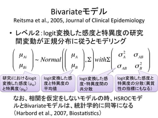 Bivariate䝰䝕䝹 
Reitsma 
et 
al., 
2005, 
Journal 
of 
Clinical 
Epidemiology 
 
• 䝺䝧䝹䠎䠖logitኚ᥮䛧䛯ឤᗘ䛸≉␗ᗘ䛾◊✲ 
㛫ኚື䛜ṇつศᕸ䛻ᚑ䛖䛸䝰䝕䝸䞁䜾 
 μAi 
μBi 
! 
## 
 
$ 
 
% 
~ Normal 
## ## $ 
$ 
μA 
μB 
! 
 
 
,Σ 
% 
! 
 
 
% 
withΣ 
σ 2 σ A 
AB 
σ σ 2 
AB B 
! 
## 
 
$ 
 
% 
◊✲i䛻䛚䛡䜛logit 
ኚ᥮䛧䛯ឤᗘ䠄μAi䠅 
䛸≉␗ᗘ䠄μBi䠅 
logitኚ᥮䛧䛯ឤ 
ᗘ䛸≉␗ᗘ䛾 
ᖹᆒ್ 
logitኚ᥮䛧䛯ឤᗘ䛸 
≉␗ᗘ䛾ศᩓ䠄␗㉁ 
ᛶ䛾ᣦᶆ䛻䜒䛺䜛䠅 
logitኚ᥮䛧䛯ឤ 
ᗘ䞉≉␗ᗘ㛫䛾 
ඹศᩓ 
䛺䛚䚸┦㛵䜢௬ᐃ䜢䛧䛺䛔䝰䝕䝹䛾᫬䚸HSROC䝰䝕 
䝹䛸Bivariate䝰䝕䝹䛿䚸⤫ィᏛⓗ䛻ྠ➼䛻䛺䜛 
䠄Harbord 
et 
al., 
2007, 
BiostaQsQcs䠅 
 