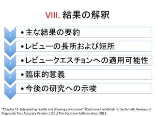 VIII. 
⤖ᯝ䛾ゎ㔘 
1 • ୺䛺⤖ᯝ䛾せ⣙ 
2 • 䝺䝡䝳䞊䛾㛗ᡤ䛚䜘䜃▷ᡤ 
3 • 䝺䝡䝳䞊䜽䜶䝇䝏䝵䞁䜈䛾㐺⏝ྍ⬟ᛶ 
4 • ⮫ᗋⓗព⩏ 
5 • ௒ᚋ䛾◊✲䜈䛾♧၀ 
“Chapter 
11: 
InterpreQng 
results 
and 
drawing 
conclusions” 
䛄Cochrane 
Handbook 
for 
SystemaQc 
Reviews 
of 
DiagnosQc 
Test 
Accuracy 
Version 
1.0.0.䛅 
The 
Cochrane 
CollaboraQon, 
2013. 
 