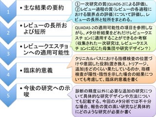 1 
• ୺䛺⤖ᯝ䛾せ⣙ 
2 
• 䝺䝡䝳䞊䛾㛗ᡤ䛚 
䜘䜃▷ᡤ 
3 
• 䝺䝡䝳䞊䜽䜶䝇䝏䝵 
䞁䜈䛾㐺⏝ྍ⬟ᛶ 
4 
• ⮫ᗋⓗព⩏ 
5 
• ௒ᚋ䛾◊✲䜈䛾♧ 
၀ 
①୍ḟ◊✲䛾㉁(QUADS-­‐2䛻䜘䜛ホ౯)䚸 
②䝺䝡䝳䞊㐣⛬䛾㉁䠄䝺䝡䝳䞊䛾ྛ㐣⛬䛻 
䛚䛡䜛㝈⏺Ⅼ䛾ホ౯䠅䛻䛴䛔䛶ホ౯䛧䚸䝺 
䝡䝳䞊䛾㛗ᡤ䛸▷ᡤ䜢䜎䛸䜑䜛䚹 
QUADAS-­‐2䛾㐺⏝ྍ⬟ᛶ䛾㡯┠䜢ཧ↷䛧䛺 
䛜䜙䚸䝯䝍ศᯒ⤖ᯝ䜢䛹䜜䛰䛡䝺䝡䝳䞊䜽䜶 
䝇䝏㻌䝵䞁䛻㐺⏝䛩䜛䛣䛸䛜䛷䛝䜛䛛⪃ᐹ 
䠄཰㞟䛥䜜䛯୍ḟ◊✲䛿, 
䝺䝡䝳䞊䜽䜶䝇 
䝏㻌䝵䞁䛻ᛂ䛨䛯ẕ㞟ᅋ䜔◊✲䝕䝄䜲䞁䠛䠅 
䜽䝸䝙䜹䝹䝟䝇䛻䛚䛡䜛ᣦᶆ᳨ᰝ䛾఩⨨䛵 
䛡䜔ពᅗ䛧䛯ᙺ๭(⨨䛝᥮䛘䚸䝖䝸䜰䞊䝆䚸 
㏣ຍ)䜢䛹䛾䛟䜙䛔ᯝ䛯䛧䛶䛔䜛䛾䛛, 
ᣦᶆ 
᳨ᰝ䛜㝧ᛶ䞉㝜ᛶ䜢♧䛧䛯ሙྜ䛾⤖ᯝ䛻䛴 
䛔䛶䜒⪃៖䛧䛶䚸⮫ᗋⓗព⩏䜢᭩䛟 
デ᩿䛾⢭ᗘ௨እ䛻ᚲせ䛺㏣ຍ䛾◊✲䛻䛴 
䛔䛶ලయⓗ䛺◊✲䝕䝄䜲䞁䜔᪉ἲ䛻䛴䛔㻌 
䛶䜒グ㍕䛩䜛䚹௒ᅇ䛾䝯䝍ศᯒ䛷䛿୙༑ศ 
䛺ሙྜ䚸ሗ࿌䛾㉁䛾㧗䛔◊✲䛺䛹ලయⓗ 
䛻䛹䛾䜘䛖䛺◊✲䛜ᚲせ䛛᭩䛟 
 