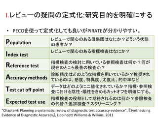 I.䝺䝡䝳䞊䛾␲ၥ䛾ᐃᘧ໬:◊✲┠ⓗ䜢᫂☜䛻䛩䜛 
• PECO䜢౑䛳䛶ᐃᘧ໬䛧䛶䜒Ⰻ䛔䛜PIRATE䛜ศ䛛䜚䜔䛩䛔䚹 
“Chapter4: 
Planning 
a 
systemaQc 
review 
of 
diagnosQc 
test 
accuracy 
evidence”, 
䛄Synthesizing 
Evidence 
of 
DiagnosQc 
Accuracy䛅, 
LippincoZ 
Williams 
 
Wilkins, 
2011 
 
Popula'on 
䝺䝡䝳䞊䛷㛵ᚰ䛾䛒䜛ẕ㞟ᅋ䛿䛺䛻䛛䠛䛹䛖䛔䛖≧ែ 
䛾ᝈ⪅䛛䠛 
Index 
test 
䝺䝡䝳䞊䛷㛵ᚰ䛾䛒䜛ᣦᶆ᳨ᰝ䛿䛺䛻䛛䠛 
Reference 
test 
ᣦᶆ᳨ᰝ䛾᳨ウ䛻⏝䛔䛶䛔䜛ཧ↷᳨ᰝ䛿ఱ䛛䠛ఱ䛜 
⌧ᅾ䛾䛸䛣䜝᭱ၿ䛾᳨ᰝ䛛䠛 
Accuracy 
methods 
デ᩿⢭ᗘ䛿䛹䛾䜘䛖䛺ᣦᶆ䜢⏝䛔䛶䛔䜛䛛䠛᥎ዡ䛥䜜 
䛶䛔䜛䛾䛿䚸ឤᗘ䚸≉␗ᗘ䚸ᑬᗘẚ䚸ⓗ୰⋡䛺䛹 
Test 
cut 
off 
point 
䝕䞊䝍䛿䛹䛾䜘䛖䛻஧್໬䛥䜜䛶䛔䜛䛛䠛ᣦᶆ䞉ཧ↷᳨ 
ᰝ䛻䛚䛡䜛㝜ᛶ䞉㝧ᛶ䜢䛝䜑䜛䜹䝑䝖䜸䝣䜢᫂☜䛻䛩䜛䚹 
Expected 
test 
use 
ᣦᶆ᳨ᰝ䛾ᙺ๭䛸䛧䛶ᮇᚅ䛥䜜䜛䛾䛿ఱ䛛䠛ཧ↷᳨ᰝ 
䛾௦᭰䠛㏣ຍ᳨ᰝ䠛䝇䜽䝸䞊䝙䞁䜾䠛 
 