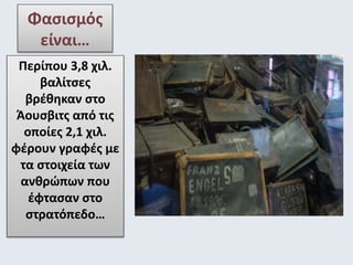 Φασισμός 
είναι… 
Περίπου 3,8 χιλ. 
βαλίτσες 
βρέθηκαν στο 
Άουσβιτς από τις 
οποίες 2,1 χιλ. 
φέρουν γραφές με 
τα στοιχεία των 
ανθρώπων που 
έφτασαν στο 
στρατόπεδο… 
 