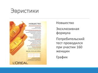 Эвристики
Новшество
Эксклюзивная
формула
Потребительский
тест проводился
при участии 160
женщин
График