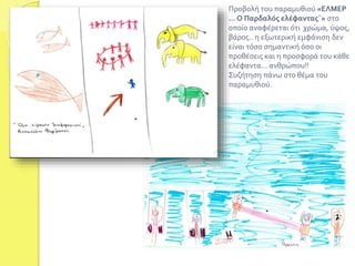 Προβολή του παραμυθιού «ΕΛΜΕΡ 
... Ο Παρδαλός ελέφαντας¨» στο 
οποίο αναφέρεται ότι χρώμα, ύψος, 
βάρος.. η εξωτερική εμφάνιση δεν 
είναι τόσο σημαντική όσο οι 
προθέσεις και η προσφορά του κάθε 
ελέφαντα... ανθρώπου!! 
Συζήτηση πάνω στο θέμα του 
παραμυθιού. 
 