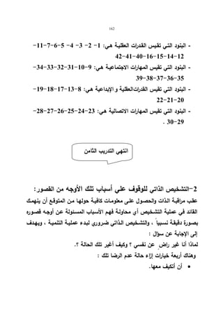 162 
-11-7-6-5 -4 -3 -2 - - البنود التـي تقـیس القـد ا رت العقلیـة هـي: 1 
42-41-40-16-15-14-12 
-34-33-32-31-10- - البنود التي تقیس المهارات الاجتماعیـة هـي: 9 
39-38-37-36-35 
-19-18-17-13- - البنود التي تقیس القد ا رتا لعقلیة و الإبداعیة هـي: 8 
22-21-20 
-28-27-26-25-24- - البنود التي تقیس المهارات الا تصالیة هـي: 23 
. 30-29 
-2 التشخیص الذاتي للوقوف علي أسباب تلك الأوجه من القصور: 
عقـب مراقبـة الــذات والحصـول علـى معلومـات كافیـة حولهـا مـن المتوقـع أن ینهمـك 
القائد في عملیة التشـخیص أي محاولـة فهـم الأسـباب المسـئولة عـن أوجـه قصـوره 
بصـورة دقیقـة نسـبیا ، والتشـخیص الـذاتي ضـروري لبـدء عملیـة التنمیـة ، ویهــدف 
إلى الإجابة عن سؤال : 
ل ماذا أنا غیر راض عن نفسي ؟ وكیف أغیر تلك الحالة ؟. 
وهناك أربعة خیارات إ ا زء حالة عدم الرضا تلك : 
أن أتكیف معها.  
انتهي التدریب الثامن 
 