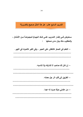 240 
التدریب السابع عشر: هل هذا المثل صحیح بالضرورة؟ 
ســـنعرض فـــي إطـــار التـــدریب علـــي تلـــك المهـــارة لمجموعـــة مـــن الأمثـــال ، 
والمطلوب منك بیان مدي صحتها : 
التعلم في الصغر كالنقش علي الحجر ، وفي الكبر كالحرث في النهر.  
------------------------------------------ 
------------------------------------------ 
إن كان لك صاحب لا تشاركه ولا تناسبه.  
----------------------------------------- 
-------------------------------------------- 
الطریق إلي قلب الر جل معدته.  
------------------------------------------ 
-------------------------------------------- 
من علمني حرفا صرت له عبدا.  
------------------------------------------- 
----------------------------------------- 
 