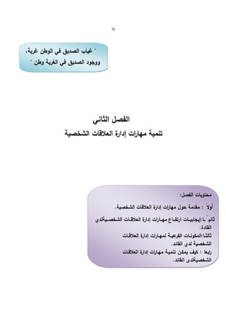 36 
 غیاب الصدیق في الوطن غربة، 
ووجود الصدیق في الغربة وطن  
الفصل الثاني 
تنمیة مهارات إدارة العلاقات الشخصیة 
محتویات الفصل: 
أولا : مقدمة حول مها ا رت إدارة العلاقات الشخصیة. 
ثانی ـًــا:إیجابیـــات ارتفـــاع مهـــارات إدارة العلاقـــات الشخصـــیةلدي 
القادة. 
ثالثــا:المكونــات الفرعیــة لمهــارات إدارة العلاقــات 
الشخصیة لدي القائد. 
ا ربعا : كیف یمكـن تنمیـة مهـا ا رت إدارة العلاقـات 
الشخصیةلدي القائد. 
 