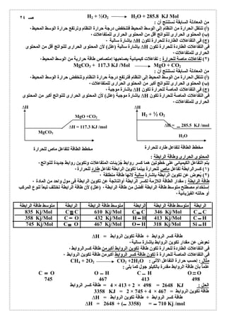 H2 + ½O2 H2O + 285.8 KJ Mol 
من المعادلة السابقة نستنتج أن : 
(أ) تنتقل الحرارة من النظام إلى الوسط المحیط فتنخفض درجة حرارة النظام وترتفع حرارة الوسط المحیط ٠ 
(ب) المحتوى الحرارى للنواتج أقل من المحتوى الحرارى للمتفاعلات ٠ 
بإشارة سالبة (علل) لأن المحتوى الحرارى للنواتج أقل من المحتوى ΔH فى التفاعلات الطاردة للحرارة تكون 
الحرارى للمتفاعلات ٠ 
٢) تفاعلات ماصة للحرارة : تفاعلات كیمیائیة یصاحبھا إمتصاص طاقة حراریة من الوسط المحیط ٠ ) 
MgCO3 + 117.3 KJ /Mol MgO + CO2 
من المعادلة السابقة نستنتج أن : 
(أ) تنتقل الحرارة من الوسط المحیط إلى النظام فترتفع درجة حرارة النظام وتنخفض حرارة الوسط المحیط ٠ 
(ب) المحتوى الحرارى للنواتج أكبر من المحتوى الحرارى للمتفاعلات ٠ 
بإشارة موجبة (علل) لأن المحتوى الحرارى للنواتج أكبر من المحتوى ΔH فى التفاعلات الماصة للحرارة تكون 
الحرارى للمتفاعلات ٠ 
MgO +CO2 
بإشارة سالبة ٠ ΔH (ج) فى التفاعلات الطاردة للحرارة تكون 
بإشارة موجبة ٠ ΔH (ج) فى التفاعلات الماصة للحرارة تكون 
ΔH = 117.3 KJ /mol 
MgCO3 
مخطط الطاقة لتفاعل ماص للحرارة 
ΔH 
H2 + ½ O2 
ΔH = 285.5 KJ /mol 
H2O 
مخطط الطاقة لتفاعل طارد للحرارة 
ΔH 
المحتوى الحرارى وطاقة الرابطة : 
یتم التفاعل الكیمیائى على خطوتین ھما كسر روابط جُزیئات المتفاعلات وتكوین روابط جدیدة للنواتج ٠ 
١) كسرالرابطة تفاعل ماصللحرارة بینما تكوین الرابطة تفاعل طارد للحرارة ٠ ) 
٢) یُعوض عن تكوین الرابطة بإشارة سالبة لانھا طاقة منطلقة ٠ ) 
طاقة الرابطة : مقدار الطاقة اللازمة لكسر الرابطة أوالناتجة عن تكوین الرابطة فى مول واحد من المادة ٠ 
إستخدام مصطلح متوسط طاقة الرابطة أفضل من طاقة الرابطة ٠ (علل) لأن طاقة الرابطة تختلف تبعاُ لنوع المركب 
أو حالتھ الفیزیائیة ٠ 
الرابطة متوسط طاقة الرابطة الرابطة متوسط طاقة الرابطة الرابطة متوسط طاقة الرابطة 
835 Kj/Mol C C 610 Kj/Mol C C 346 Kj/Mol C C 
358 Kj/Mol C O 432 Kj/Mol H H 413 Kj/Mol C H 
745 Kj/Mol C O 467 Kj/Mol O H 318 Kj/Mol Si H 
ΔH = طاقة كسر الروابط + طاقة تكوین الروابط 
نعوض عن مقدار تكوین الروابط بإشارة سالبة ٠ 
فى التفاعلات الطاردة للحرارة تكون طاقة تكوین الروابط أكبرمن طاقة كسرالروابط ٠ 
فى التفاعلات الماصة للحرارة ة تكون طاقة كسر الروابط أكبرمن طاقة تكوین الروابط ٠ 
CH4 + 2O2 CO2 +2H2O : مثال : إحسب حرارة التفاعل الآتى 
علماُ بأن طاقة الروابط مقدرة بالكیلو جول كما یلى : 
C O O H C H O O 
745 467 413 498 
4 = طاقة كسر الروابط × 413 + 2 × 498 = 2648 KJ : الحل 
3358 KJ = 2 × 745 + 4 × طاقة تكوین الروابط = 467 
ΔH = طاقة كسر الروابط + طاقة تكوین الروابط 
ΔH = 2648 + ( 3358) = 710 Kj /mol 
صـ ٢٤ 
 