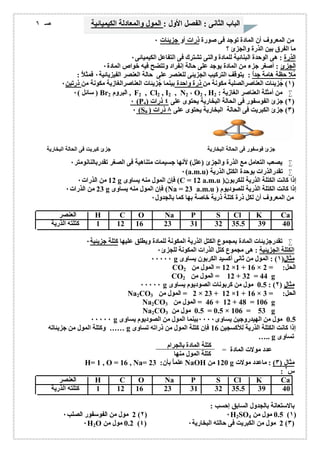 الباب الثانى : الفصل الأول : المول والمعادلة الكیمیائیة صـ ٦ 
من المعروف أن المادة توجد فى صورة ذرات أو جزیئات ٠ 
ما الفرق بین الذرة والجزئ ؟ 
الذرة : ھى الوحدة البنائیة للمادة والتى تشترك فى التفاعل الكیمیائى ٠ 
الجزئ : أصغر جزء من المادة یوجد على حالة إنفراد وتتضح فیھ خواص المادة ٠ 
مُلا حظة ھامة جد اُ : یتوقف التركیب الجزیئى للعنصر على حالة العنصر الفیزیائیة ٠ فمثلاُ : 
١) جُزیئات العناصرالصلبة مكونة من ذرة واحدة بینما جُزیئات العناصرالغازیة مكونة من ذرتین ٠ ) 
سائل ) ٠ ) Br البروم 2 , F2 , Cl2 , I2 , N2 ، O2 , H من أمثلة العناصر الغازیة : 2  
٠ (P ٢) جزئ الفوسفور فى الحالة البخاریة یحتوى على ٤ ذرات ( 4 ) 
٠ (S ٣) جزئ الكبریت فى الحالة البخاریة یحتوى على ٨ ذرات ( 8 ) 
جزئ فوسفور فى الحالة البخاریة جزئ كبریت فى الحالة البخاریة 
یصعب التعامل مع الذرة والجزئ (علل) لأنھا جسیمات متناھیة فى الصغر تقدربالنانومتر ٠  
٠(a.m.u) تقدرالذرات بوحدة الكتل الذریة  
12 من الذرات ٠ g فإن المول منھ یساوى (C = 12 a.m.u ) إذا كانت الكتلة الذریة للكربون 
23 من الذرات ٠ g فإن المول منھ یساوى (Na = 23 a.m.u ) إذا كانت الكتلة الذریة للصودیوم 
من المعروف أن لكل ذرة كتلة ذریة خاصة بھا كما بالجدول ٠ 
العنصر H C O Na P S Cl K Ca 
1 كتلتھ الذریة 12 16 23 31 32 35.5 39 40 
تقدرجزیئات المادة بمجموع الكتل الذریة المكونة للمادة ویطلق علیھا كتلة جزیئیة ٠  
الكتلة الجزیئیة : ھى مجموع كتل الذرات المكونة للجزئ ٠ 
٠٠٠٠٠ g مثال( ١) : المول من ثانى أكسید الكربون یساوى 
CO 12 = المول من 2 ×1 + 16 × الحل: = 2 
CO 12 = المول من 2 + 32 = 44 g 
٠٠٠٠٠ g 0.5 مول من كربونات الصودیوم یساوى : ( مثال ( ٢ 
Na2CO 2 = المول من 3 × 23 + 12 ×1 + 16 × الحل: = 3 
Na2CO 46 = المول من 3 + 12 + 48 = 106 g 
Na2CO 0.5 مول من 3 = 0.5 × 106 = 53 g 
٠٠٠٠٠ g 0.5 مول من الھیدروجین یساوى ٠٠٠٠ بینما المول من الصودیوم یساوى 
وكتلة المول من جزیئاتھ ……g إذا كانت الكتلة الذریة للأكسجین 16 فإن كتلة المول من ذراتھ تساوى 
….. g تساوى 
عدد مولات المادة = 
كتلة المادة بالجرام 
كتلة المول منھا 
H= 1 , O = 16 , Na= علماُ بأن: 23 NaOH 120 من g مثال ( ٣) : ماعدد مولات 
: س ٢ 
العنصر H C O Na P S Cl K Ca 
1 كتلتھ الذریة 12 16 23 31 32 35.5 39 40 
بالاستعانة بالجدول السابق إحسب : 
2 مول من الفوسفور الصلب ٠ (٢) ٠H2SO 0.5 مول من 4 (١) 
٠H2O 0.2 مول من (٤) 2 مول من الكبریت فى حالتھ البخاریة ٠ (٣) 
 