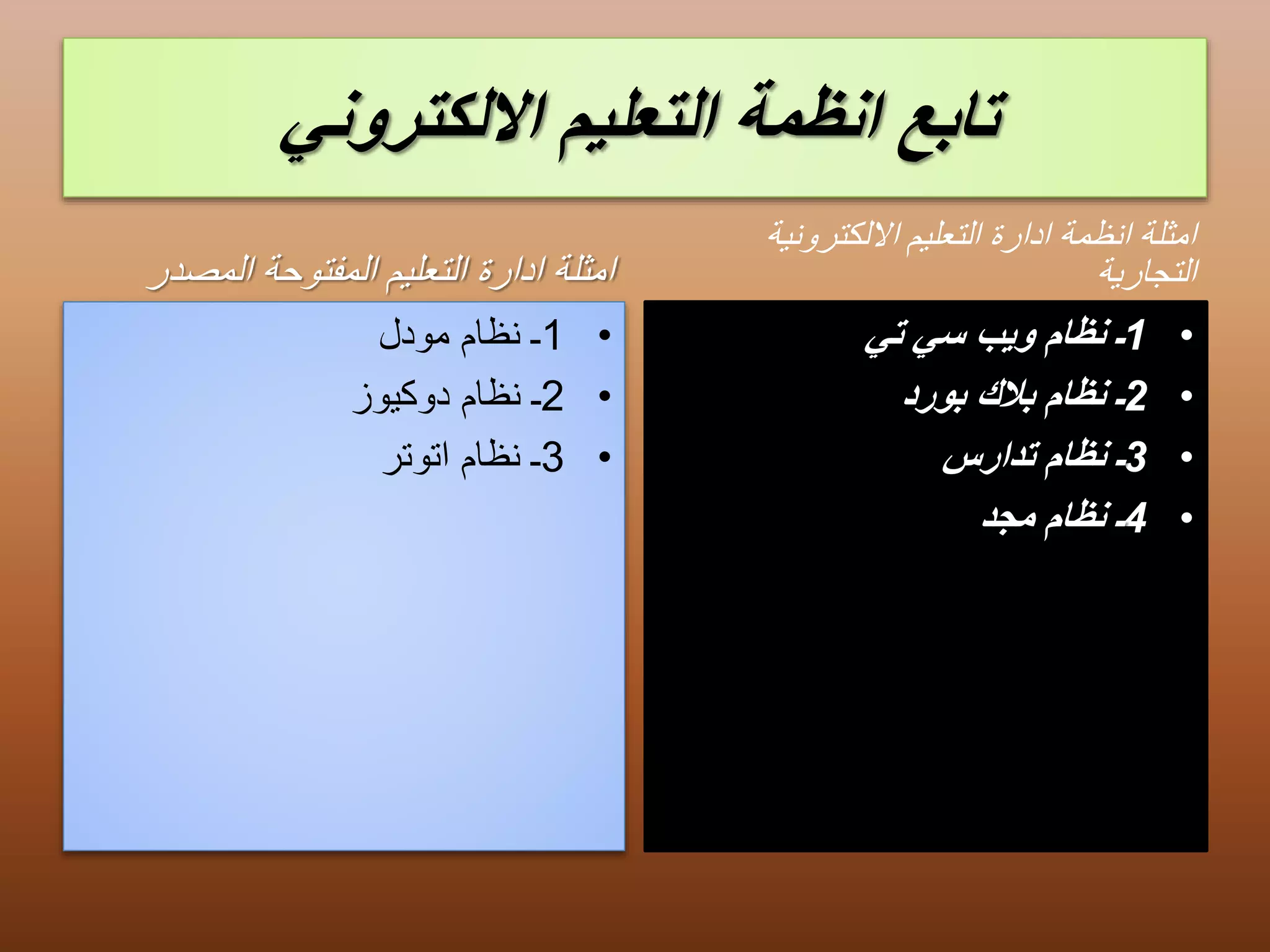 تابع انظمة التعليم الالكتروني 
امثلة ادارة التعليم المفتوحة المصدر 
1ـ نظام مودل • 
2ـ نظام دوكيوز • 
3ـ نظام اتوتر • 
امثلة انظمة ادارة التعليم الالكترونية 
التجارية 
1ـ نظام ويب سي تي • 
2ـ نظام بلاك بورد • 
3ـ نظام تدارس • 
4ـ نظام مجد • 
 