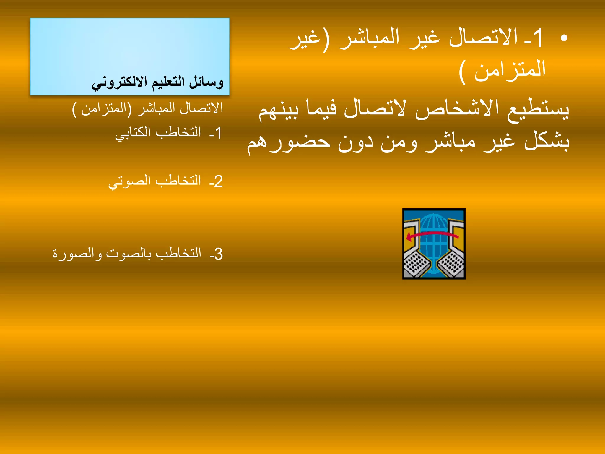 وسائل التعليم الالكتروني 
1ـ الاتصال غير المباشر )غير • 
المتزامن ( 
يستطيع الاشخاص لاتصال فيما بينهم 
بشكل غير مباشر ومن دون حضورهم 
الاتصال المباشر )المتزامن ( 
1ـ التخاطب الكتابي 
2ـ التخاطب الصوتي 
3ـ التخاطب بالصوت والصورة 
 