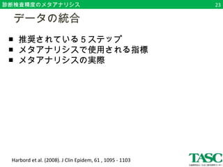 診断検査精度のメタアナリシス 
　データの統合 
■ 推奨されている５ステップ 
■ メタアナリシスで使用される指標 
■ メタアナリシスの実際 
　　 
Harbord et al. (2008). J Clin Epidem, 61 , 1095 - 1103 
23 
 