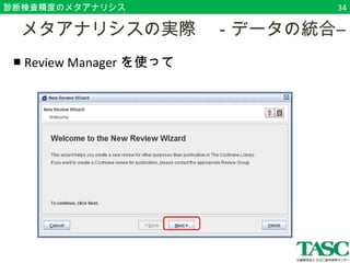 診断検査精度のメタアナリシス34 
　メタアナリシスの実際　－データの統合― 
■ Review Managerを使って 
　 
 