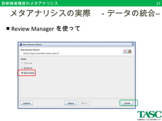 診断検査精度のメタアナリシス37 
　メタアナリシスの実際　－データの統合― 
■ Review Managerを使って 
 