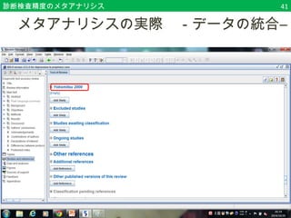 診断検査精度のメタアナリシス41 
　メタアナリシスの実際　－データの統合― 
 
