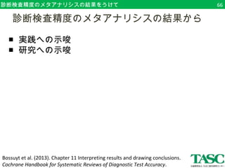 診断検査精度のメタアナリシスの結果をうけて 
　診断検査精度のメタアナリシスの結果から 
■ 実践への示唆 
■ 研究への示唆 
Bossuyt et al. (2013). Chapter 11 Interpreting results and drawing conclusions. 
Cochrane Handbook for Systematic Reviews of Diagnostic Test Accuracy. 
66 
 