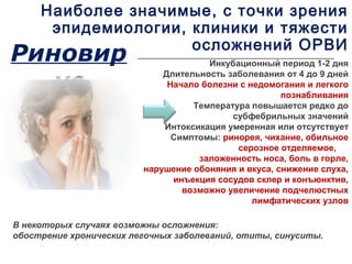 Наиболее значимые, с точки зрения 
эпидемиологии, клиники и тяжести 
Риновир осложнений ОРВИ 
ус 
Инкубационный период 1-2 дня 
Длительность заболевания от 4 до 9 дней 
Начало болезни с недомогания и легкого 
познабливания 
Температура повышается редко до 
субфебрильных значений 
Интоксикация умеренная или отсутствует 
Симптомы: ринорея, чихание, обильное 
серозное отделяемое, 
заложенность носа, боль в горле, 
нарушение обоняния и вкуса, снижение слуха, 
инъекция сосудов склер и конъюнктив, 
возможно увеличение подчелюстных 
лимфатических узлов 
В некоторых случаях возможны осложнения: 
обострение хронических легочных заболеваний, отиты, синуситы. 
 