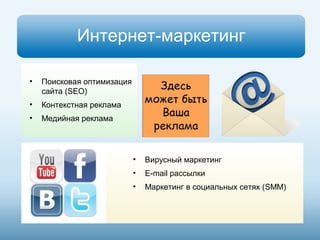 Интернет-маркетинг 
• Поисковая оптимизация 
сайта (SEO) 
• Контекстная реклама 
• Медийная реклама 
• Вирусный маркетинг 
• E-mail рассылки 
• Маркетинг в социальных сетях (SMM) 
 