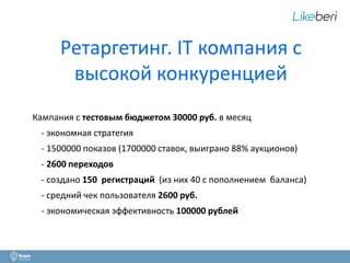 Ретаргетинг. IT компания с 
высокой конкуренцией 
Кампания с тестовым бюджетом 30000 руб. в месяц 
- экономная стратегия 
- 1500000 показов (1700000 ставок, выиграно 88% аукционов) 
- 2600 переходов 
- создано 150 регистраций (из них 40 с пополнением баланса) 
- средний чек пользователя 2600 руб. 
- экономическая эффективность 100000 рублей 
15 
 