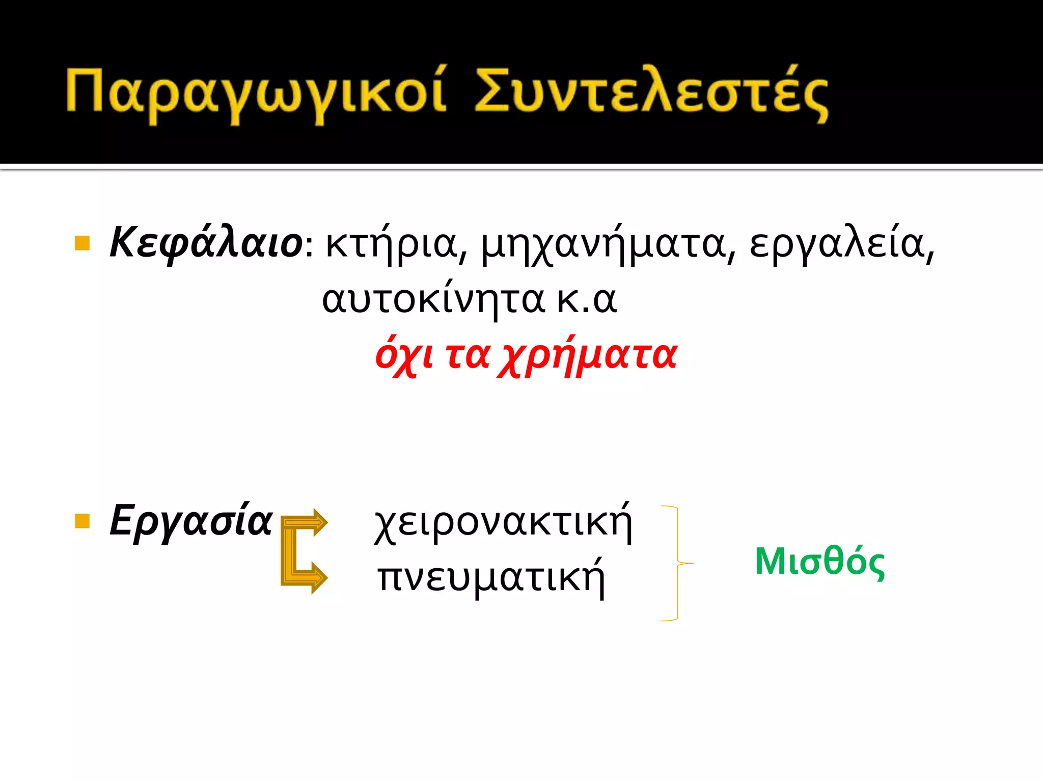  Κεφάλαιο: κτήρια, μηχανήματα, εργαλεία, 
αυτοκίνητα κ.α 
όχι τα χρήματα 
 Εργασία χειρονακτική 
πνευματική Μισθός 
 