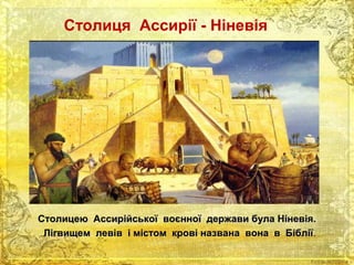Столиця Ассирії - Ніневія 
Столицею Ассирійської воєнної держави ббууллаа ННііннееввііяя.. 
ЛЛііггввиищщеемм ллееввіівв іі ммііссттоомм ккррооввіі ннааззввааннаа ввооннаа вв ББііббллііїї.. 
 