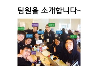 팀원을 소개합니다~ 
홍원택 
김성준 최용하 
이유진 
박원기 
박형원 남반장 
양파 
 